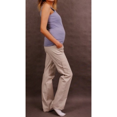 Těhotenské kalhoty s boční kapsou - tm. béžová 