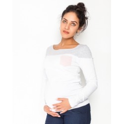 Těhotenské triko/halenka dlouhý rukáv Anna - bílé/šedý melír