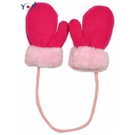 Zimní kojenecké  rukavičky s kožíškem - se šňůrkou  YO - malinové/růžový kožíšek