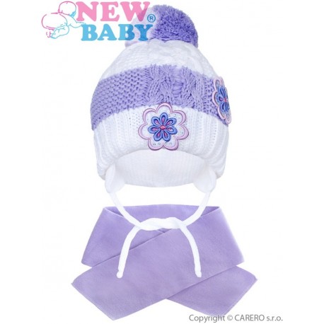 Zimní dětská čepička se šálou New Baby květinky fialová