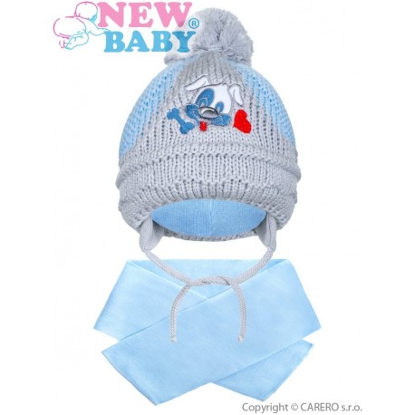 Zimní dětská čepička se šálou New Baby pejsek světle modrá