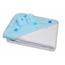 Dětská termoosuška s oušky Baby Stars s kapucí, 100 x 100 cm - bílá, modré hvězdy