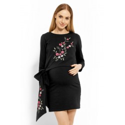 Elegantní těhotenské šaty, tunika s výšivkou a stuhou - černé (kojící)