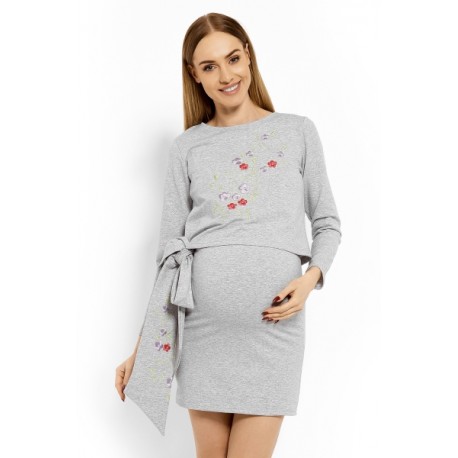 Elegantní těhotenské šaty, tunika s výšivkou a stuhou - sv. šedé (kojící)