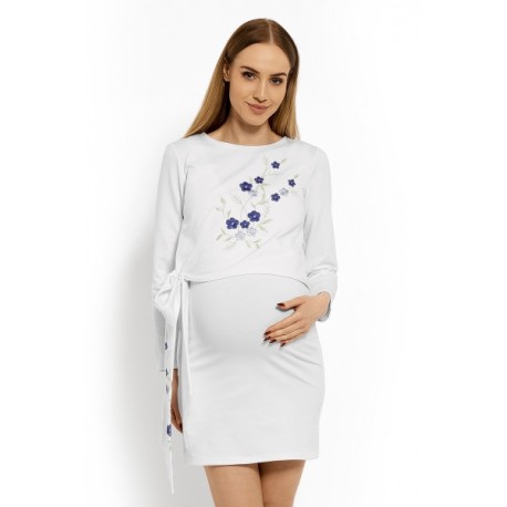 Elegantní těhotenské šaty, tunika s výšivkou a stuhou - bílé (kojící)