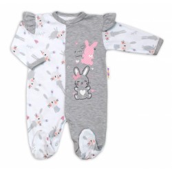 Baby Nellys Bavlněný kojenecký overal s volánky Cute Bunny - šedý
