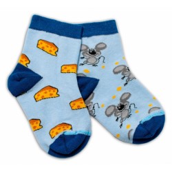 Baby Nellys Bavlněné veselé ponožky Myška a sýr - světle modré