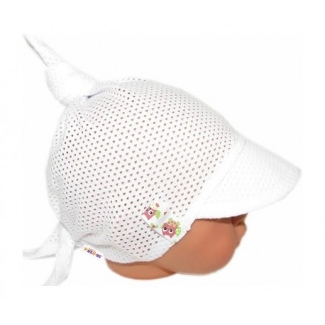 Baby Nellys Dětský síťkovaný šátek s kšiltem na zavazování, GIRL sovičky - bílý 