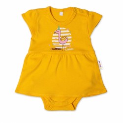 Baby Nellys Bavlněné kojenecké sukničkobody, kr. rukáv, Flamingo - hořčicové