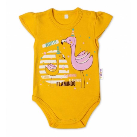 Baby Nellys Bavlněné kojenecké body, kr. rukáv, Flamingo - hořčicové