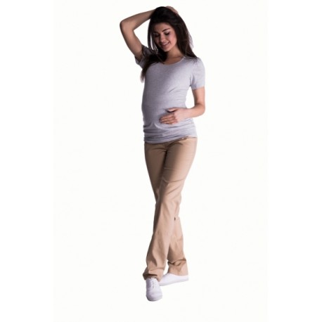 Bavlněné, těhotenské kalhoty s regulovatelným pásem - béžové