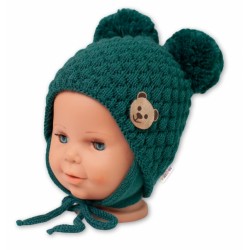 BABY NELLYS Zimní pletená čepice Teddy Bear na zavazování, zelená