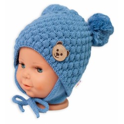 BABY NELLYS Zimní pletená čepice Teddy Bear na zavazování, modrá