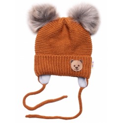 BABY NELLYS Zimní čepice s fleecem Teddy Bear - chlupáčk. bambulky - hnědá, šedá