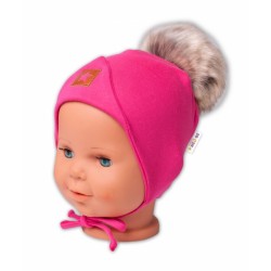 Baby Nellys Bavlněná dvouvrstvá čepice s bambulí na zavazování Star - růžová