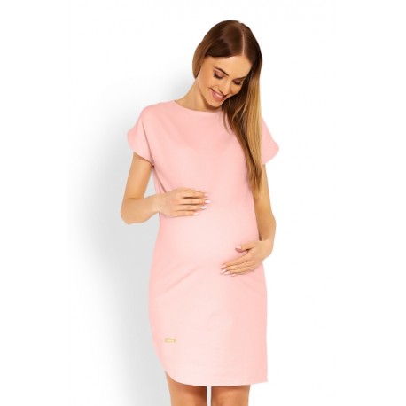 Těhotenské asymetrické šaty, kr. rukáv - sv. růžové
