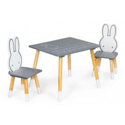 ECO TOYS  Dětský nábytek, stoleček + dvě židličky, Králíček - šedá/bílá