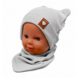 Baby Nellys Žebrovaná dvouvrstvá čepice s oušky + šátek TEDDY - šedá