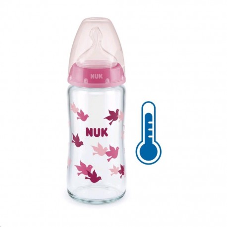Skleněná kojenecká láhev NUK FC s kontrolou teploty 240 ml růžová, Růžová