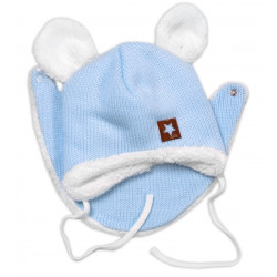 Baby Nellys Pletená zimní čepice s kožíškem a šátkem Star, modrá