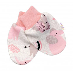 Baby Nellys Bavlněné kojenecké rukavičky Sloníci - růžový lem
