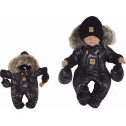 Zimní kombinéza s dvojitým zipem, kapucí a kožešinou + rukavičky Z&amp;Z, Angel - černý
