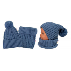 Zimní čepice s bambulí + komínek Baby Nellys - modrá, jeans, vel. 48-52cm