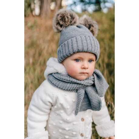 Zimní čepice s kožešinovými bambulemi + šál Baby Nellys Star - šedá, vel. 38-40 cm