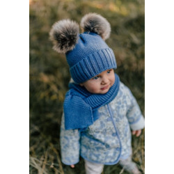 Zimní čepice s kožešinovými bambulemi + šál Baby Nellys Star - modrá, vel. 38-40 cm
