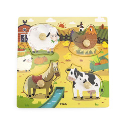 Dětské dřevěné puzzle s úchyty Viga Farma 4 ks, Multicolor