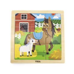 Dřevěné puzzle pro nejmenší Viga 9 ks Koníci, Multicolor