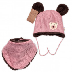 Pletená zimní čepice s kožíškem a šátkem Teddy Bear, Baby Nellys, růžová