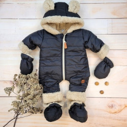 Zimní prošívaná kombinéza s kožíškem a kapucí + rukavičky + botičky, Z&amp,Z - černá