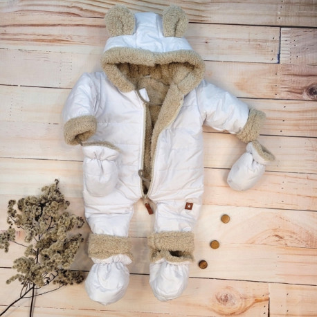 Zimní prošívaná kombinéza s kožíškem a kapucí + rukavičky + botičky, Z&amp;Z - bílá