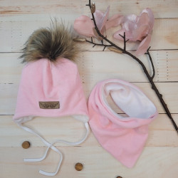 Zimní dvouvrstvá čepice na zavazování s bambulí z kožešinky + šátek Z&amp,Z, růžová
