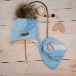 Zimní dvouvrstvá čepice na zavazování s bambulí z kožešinky + šátek Z&amp,Z, modrá