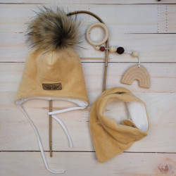 Zimní dvouvrstvá čepice na zavazování s bambulí z kožešinky + šátek Z&amp,Z, béžová